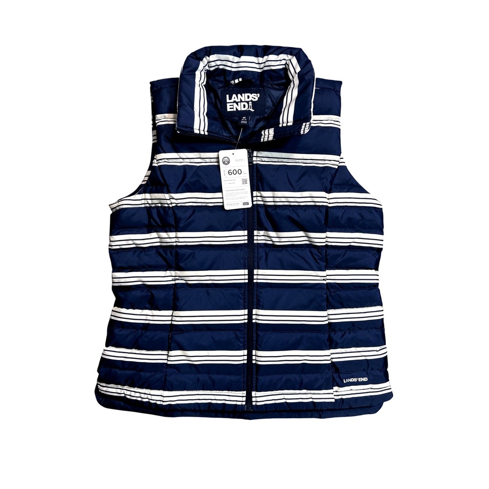 Lands End Womens‎ Navy White Striped 600 Down Puffer Vest Medium 10-12 New